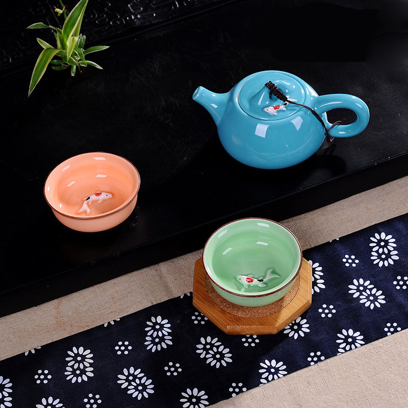 3PCS / Ʈ   û  ׾ Ƽ ũ  Ƽ  ǰ  Ǫ  Ʈ ƼŸ 1   2   /3PCS/Sets Kiln Glaze Celadon Ceramic Koi Tea Cup Creative Chinese Health